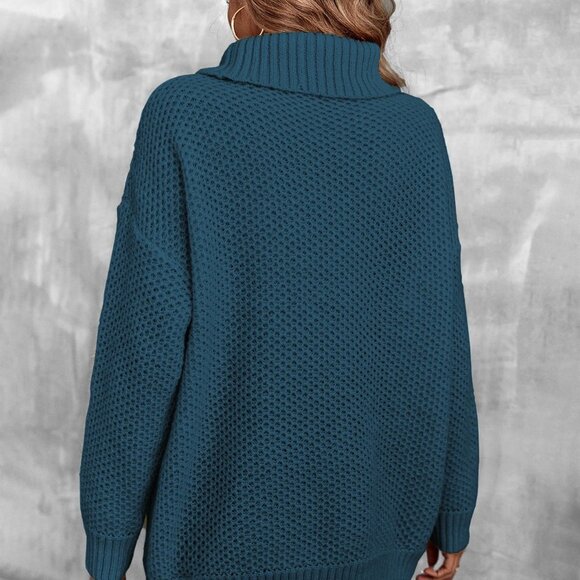 Blue Casual Womens Turtleneck Drop Shoulder Pointelle Knit Sweater - Picture 2 of 5